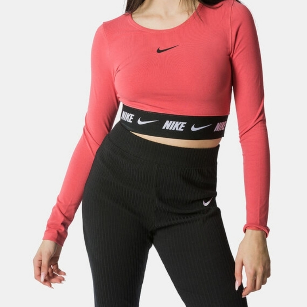 Nike swoosh womens tape long sleeve crop top coral medium - Picture 2 of 3